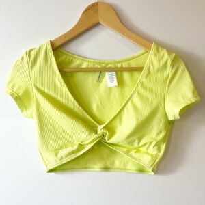 Decree Neon Yellow Twist Front Crop Top Size Medium 80s Spandex Top Bright Color